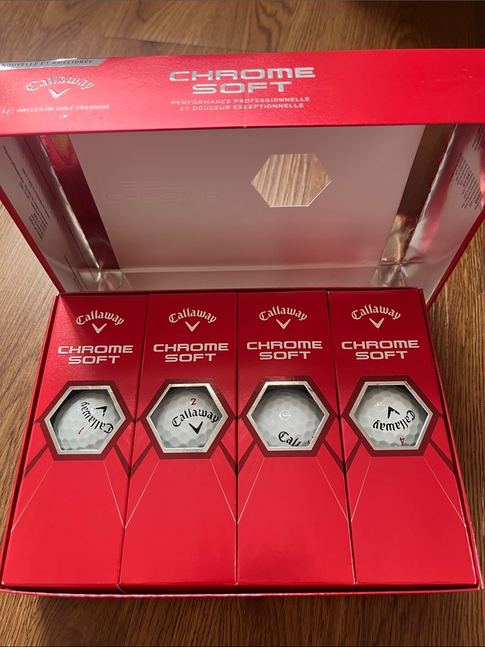 Callaway Chrome Soft Golf Balls in Red Branded Box with White Balls